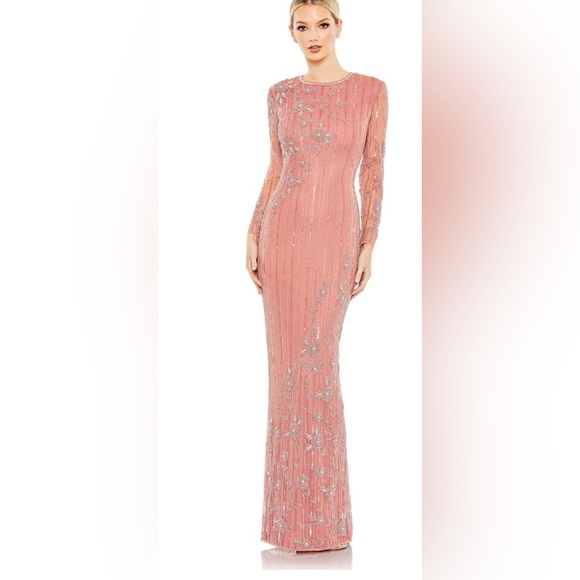 New Mac Duggal Pink Embellished High Neck Illusion Long Sleeve Gown - Size  14